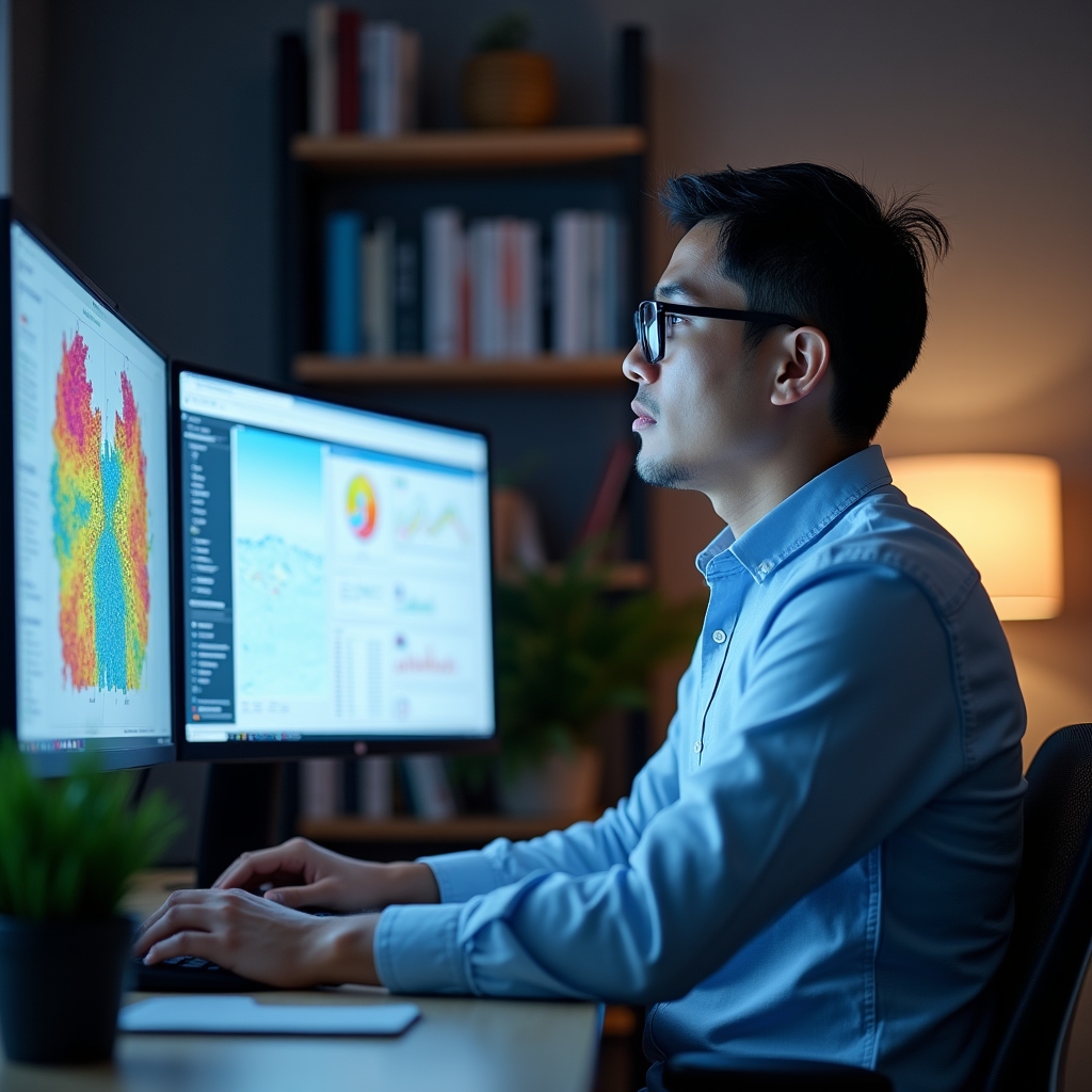 Analyst reviewing renewable energy data charts on dual monitors in office