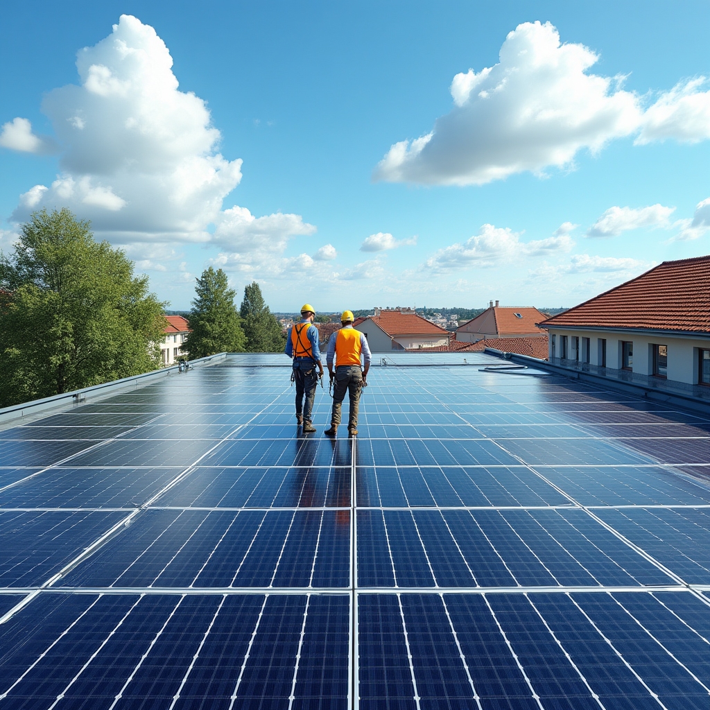 Solar panels installed on a community building rooftop in an urban setting